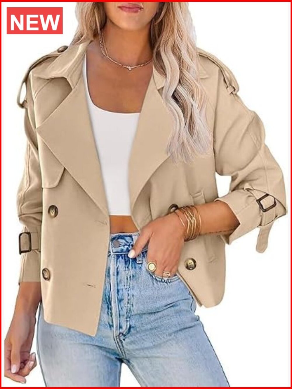 Women's Cropped Trench Coat in Beige - Lightweight Double-Breasted Jacket
